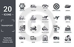 transport icon set. include creative elements as frontal bus, large boat, null, car with luggage, deliver, car tire blowout filled