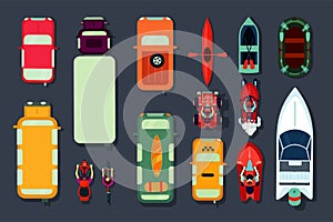 Transport icon set. Top view of cars, bikes and boats. Flat cartoon style. Vector signs collection.