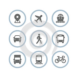 Transport icons. Airplane, Public bus, Train, Ship/Ferry, Car, walk man, bike, truck and auto signs. Shipping delivery symbol. Air