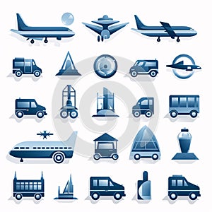 Transport icons set with airplane, bus, truck, plane, train, plane, ship, truck, bus, ship, bus, helicopter, airplane, ship, ship