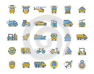 Transport icons. Set vector line icons in flat design of transport, mechanics, electronics with elements for mobile concepts.