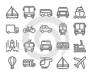 20 Transport icons. Transportation line icon set. Vector illustration. Editable stroke.