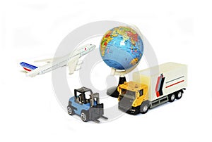 Transport, import-export and logistics concept, container truck, electric car, forklift and cargo plane in transport and import-