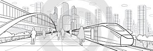 Transport infrastructure panorama, people waiting for train on railway station, locomotive move, pedestrian bridge, modern city on