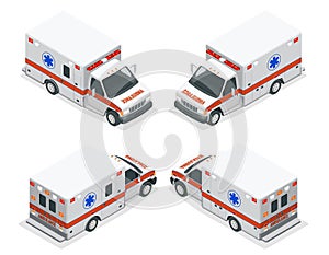 Transport isometric set Ambulance van vector illustration. Emergency medical evacuation accident. Accident