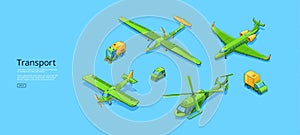 Transport isometric web banner with car and planes