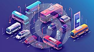 Transport isometric web banner concept, a wide variety of transportation modes. Trolleybuses, trucks, pickups, electric