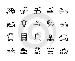 Transport line icons. Airplane helicopter balloon train trolley city vehicles bicycle motorcycle travel. Transportation