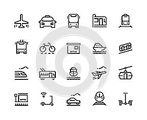 Transport line icons. Public bus car airplane train tram boat vehicle taxi service trolley city travel. Transportation