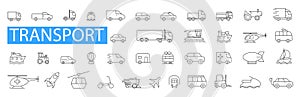 Transport line icons set. Vehicle icons. Transport types. Vector illustration. Transport, vehicle and delivery icons set. Line