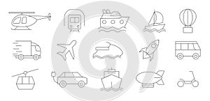 Transport line icons set. Vehicle icons. Transport types. Vector illustration. Transport, vehicle and delivery icons set. Line