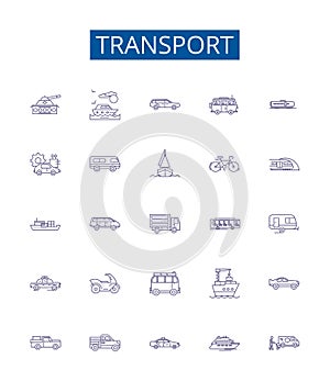 Transport line icons signs set. Design collection of Transportation, Shipping, Ferry, Delivery, Hauling, Travel, Rail