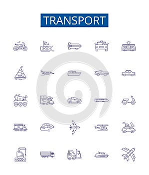 Transport line icons signs set. Design collection of Transportation, Shipping, Ferry, Delivery, Hauling, Travel, Rail