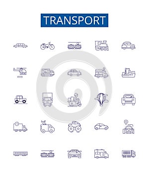 Transport line icons signs set. Design collection of Transportation, Shipping, Ferry, Delivery, Hauling, Travel, Rail