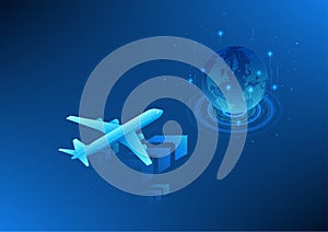 Transport and logistics business technology, airplane above arrow Pointing to the globe, concept of cargo aviation Using
