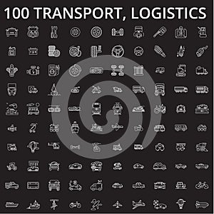 Transport, logistics editable line icons vector set on black background. Transport, logistics white outline