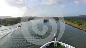 Transport and logistics at sea. Waterways with gates closed and last chambers flooded at Gatun locks, Panama canal