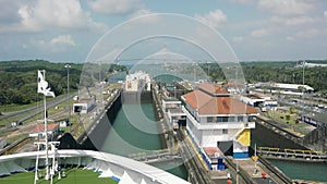 Transport and logistics at sea. Waterways with gates closed and last chambers flooded at Gatun locks, Panama canal