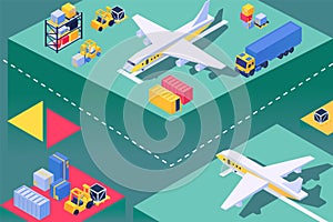 Transport plane at airport, loading aircraft service, isometric vector illustration. Airplane transportation for freight