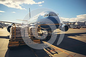 Transport plane at the airport. Workers load goods and cargo onto the plane. Cargo pallets. Air freight