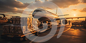 Transport plane at the airport. Workers load goods and cargo onto the plane. Cargo pallets. Air freight