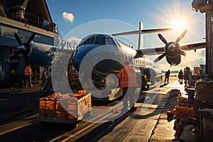 Transport plane at the airport. Workers load goods and cargo onto the plane. Cargo pallets. Air freight