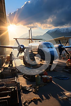 Transport plane at the airport. Workers load goods and cargo onto the plane. Cargo pallets. Air freight