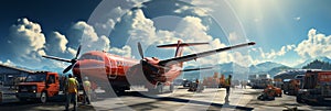 Transport plane at the airport. Workers load goods and cargo onto the plane. Cargo pallets. Air freight