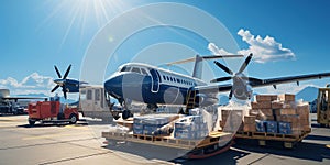 Transport plane at the airport. Workers load goods and cargo onto the plane. Cargo pallets. Air freight