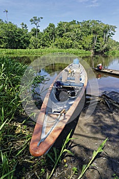 Transport by river canoe in the Amazonian rainforest