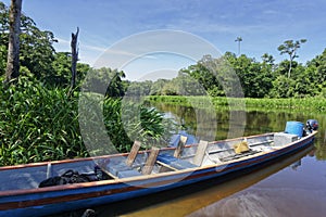 Transport by river canoe in the Amazonian rainforest