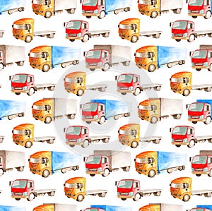 Transport seamless pattern of different colors, shapes and types of trucks  and vans