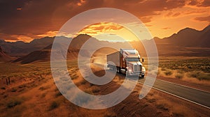 A transport semi-truck effortlessly crossing the expansive terrain, a representation of logistics, freight and delivery.