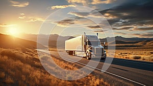 A transport semi-truck effortlessly crossing the expansive terrain of the southwest United States, a representation of logistics,