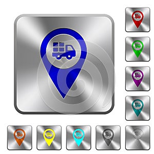 Transport service GPS map location rounded square steel buttons