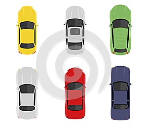 Transport set from above, top view. Cute cartoon cars with shadows. Modern urban civilian vehicles collection. Simple icon or logo