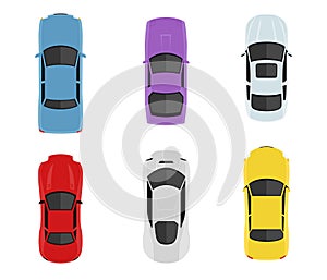 Transport set from above, top view. Cute cartoon cars with shadows. Modern urban civilian vehicles collection. Simple icon or logo