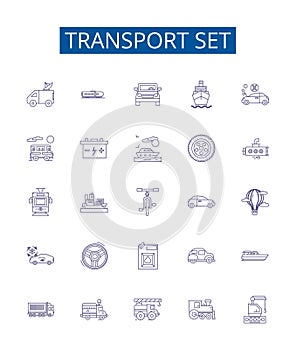 Transport set line icons signs set. Design collection of Vehicles, Planes, Boats, Trains, Buses, Coaches, Vans, Taxis