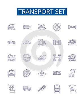 Transport set line icons signs set. Design collection of Vehicles, Planes, Boats, Trains, Buses, Coaches, Vans, Taxis