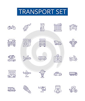 Transport set line icons signs set. Design collection of Vehicles, Planes, Boats, Trains, Buses, Coaches, Vans, Taxis