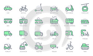 Transport side view simple line icons. Vector illustration with minimal icon - bike, tram, train, electric scooter