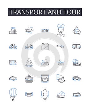 Transport and tour line icons collection. Commute, Travel, Journey, Excursion, Expedition, Voyage, Passage vector and