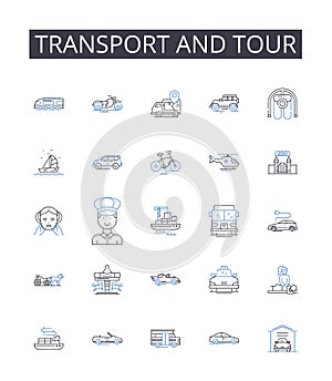 Transport and tour line icons collection. Commute, Travel, Journey, Excursion, Expedition, Voyage, Passage vector and