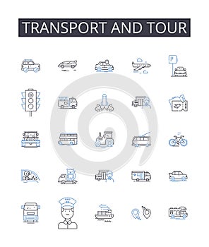 Transport and tour line icons collection. Commute, Travel, Journey, Excursion, Expedition, Voyage, Passage vector and