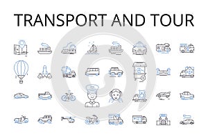 Transport and tour line icons collection. Commute, Travel, Journey, Excursion, Expedition, Voyage, Passage vector and