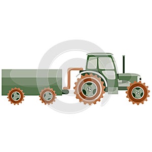 Transport tractor with trailer for agricultural work, flat, cartoon illustration, isolated object on a white background, vector
