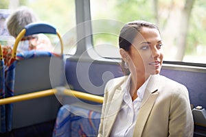 Transport, travel and commute for business woman sitting on bus for journey and trip to work. Young person, passenger or