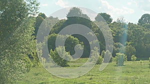 Transport, travel, road, railway, landscape, comnication concept - view from window glare on glass of speed train on