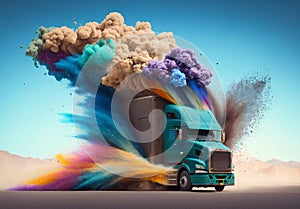Transport truck explodes with beautiful dusty power. Generative AI