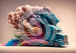 Transport truck explodes with beautiful dusty power. Generative AI